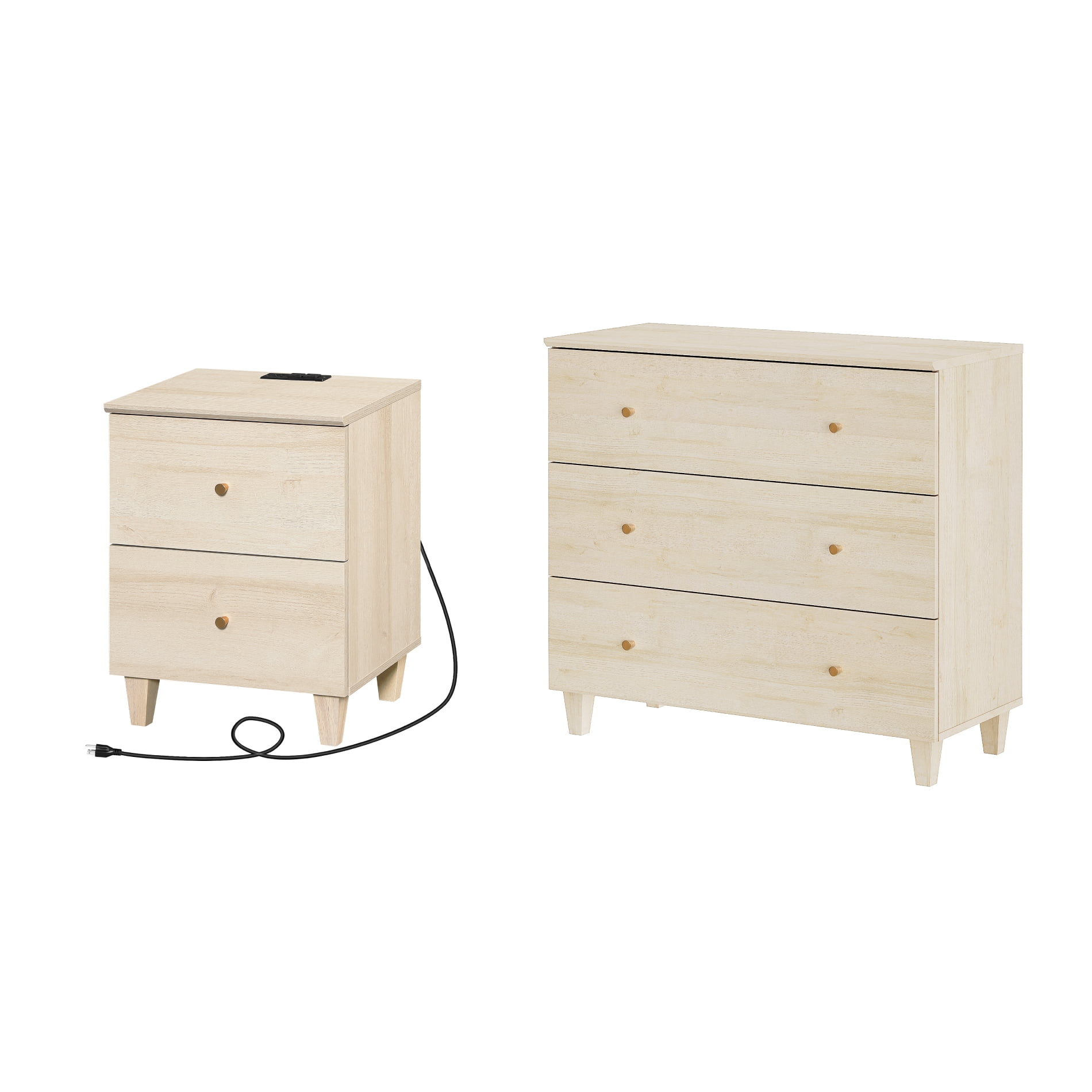 WAMPAT Dresser and Nightstand Set of 2, Wood Dresser with 3 Drawers, Nightstand with Charging Stations for Living Room, Natural Oak