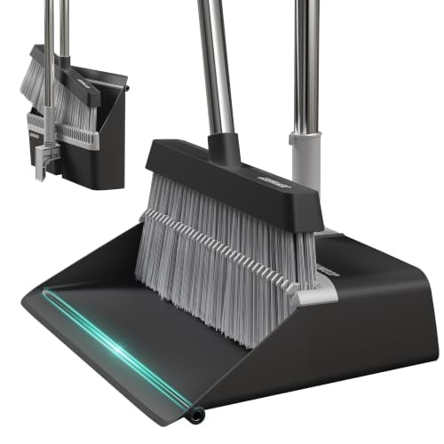 JOYMOOP Black Broom and Dustpan Set – No Tangle Bristles, Upright Stand Up Design, Foldable Collapsible Dustpan with Angled Broom, Space Saving Cleaning Supplies for Home Kitchen Hardwood Floor