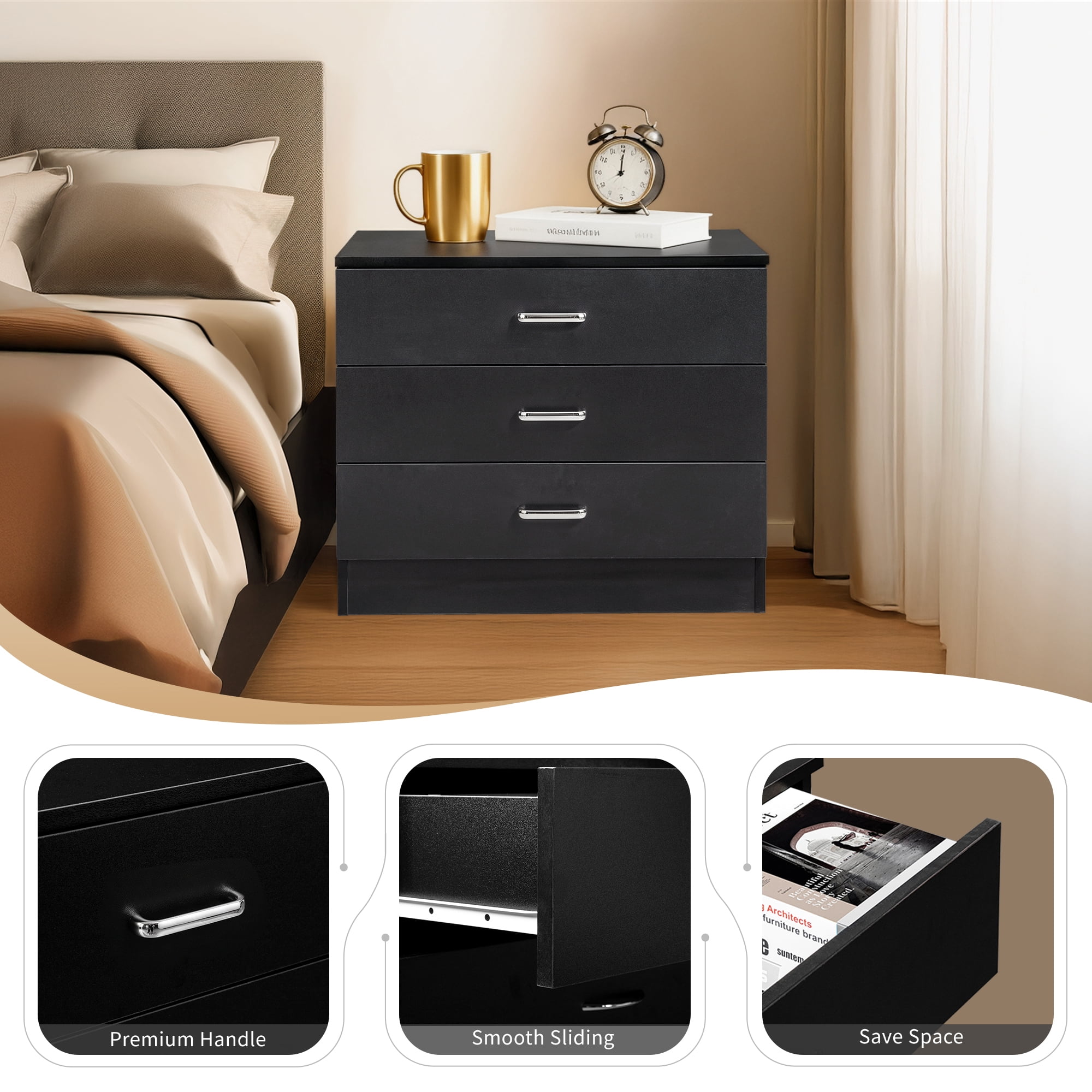 3-Drawer Bedside Table with Melamine Finish Drawer Cabinet Lockers, 25.98*12.99*22.05in White