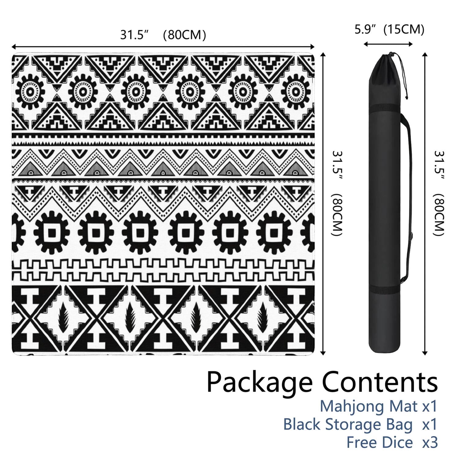Classic Boho Pattern Non-Slip Game Room Mat 31.5 Inch Square Rubber Mahjong Playing Surface with Noise Dampening for Card Games and Board Game Nights