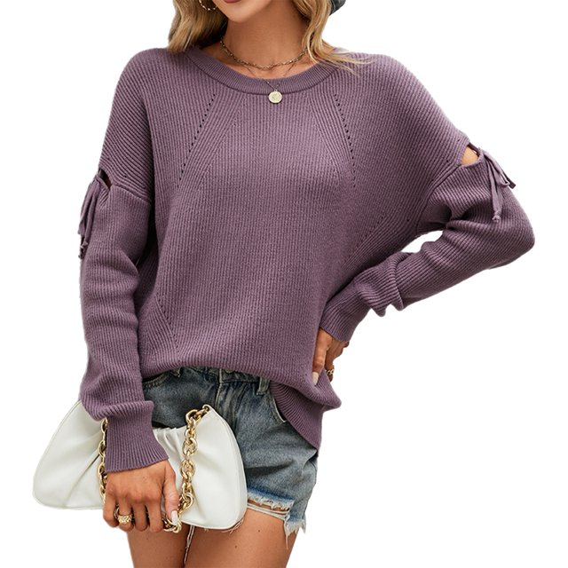 Jersey Top Poliéster Cuello Redondo Manga Lazo Un Solo Color Otoño Invierno Suéter De Punto Para Mujer Púrpura XL