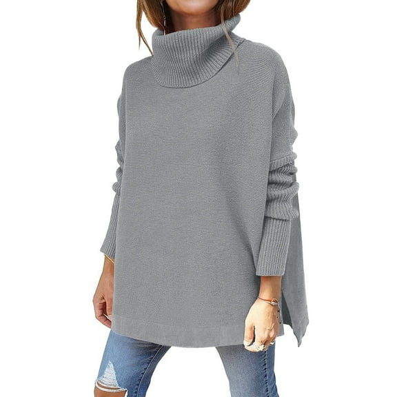 Women'S Turtle-Neck Oversized Sweaters Long Batwing Sleeve Spilt Hem Tunic Pullover Knit Tops Light Gray S