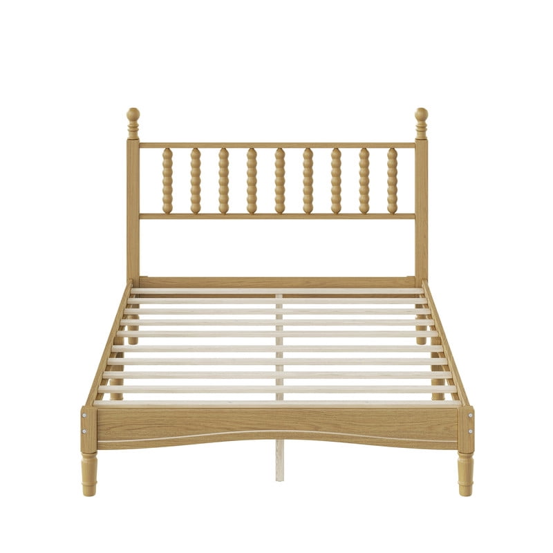 Mid-Century Modern Full Size Wood Platform Bed with Gourd Shaped Headboard, Retro Style Low Profile Bed Frame with Slats Support