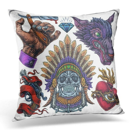 ECCOT Red Skull Hand Drawn of Old School Yakuza Tattoos Pillowcase Pillow Cover Cushion Case