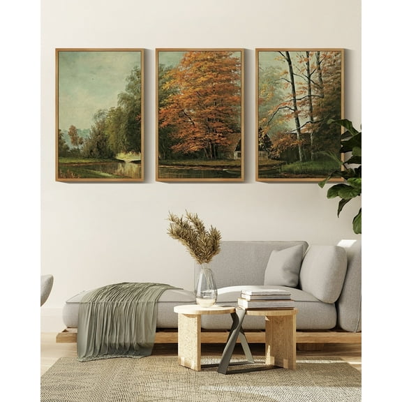 Countryside River Vintage Landscape Framed Wall Art 16x24in3pcs Large Retro Classic Farmhouse Paints Rustic Living Room Bedroom Natural Framed