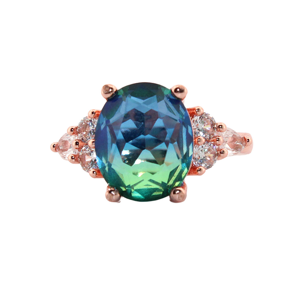 Oval Blue/Green Bi-colored Tourmaline & Topaz Rose Gold Ring, size 8 172
