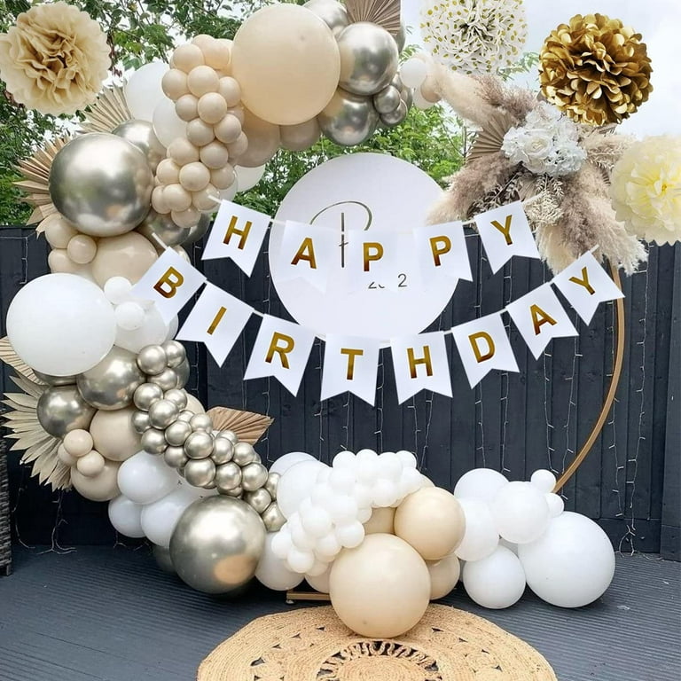 AYUQI Sand White Gold Birthday Party Decorations for Boy Girl Men Women,  Beige Birthday Balloons with Happy Birthday Banner, Paper Pompoms, Fringe