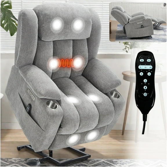 JERFIT Power Lift Recliner Chair with Massage and Heat, USB Charging, Cup Holders, Grey Chenille Fabric
