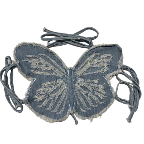 Women Summer Tank Tops, 3D Butterfly Shaped Halter Neck Sleeveless Self Tie Backless Crop Tops for Ladies, Blue