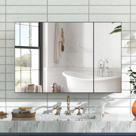 Caulitar 3-Door Mirror Medicine Cabinet, Large 39.4" Wall Mount Bathroom Storage Cabinet, Easy Install