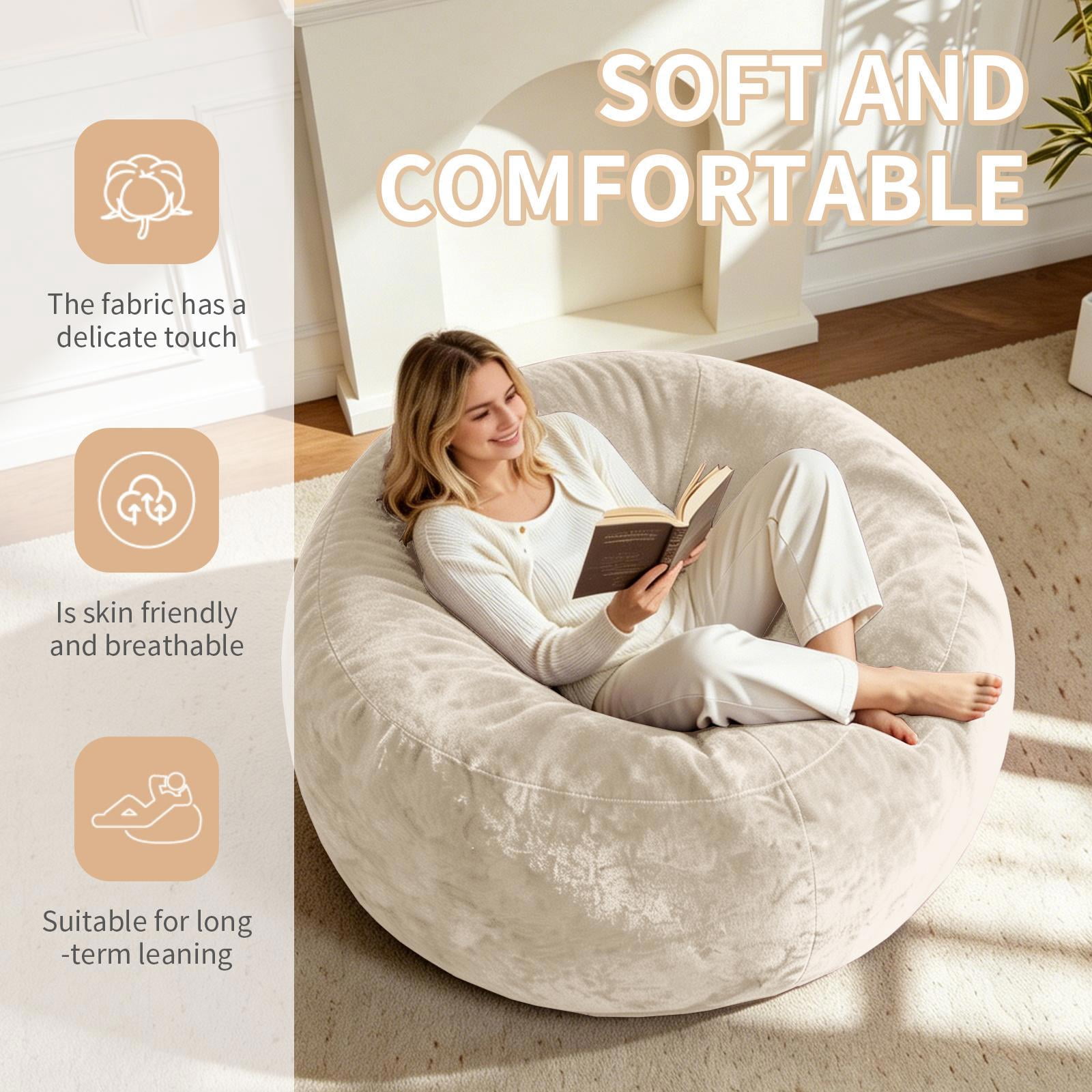 Hommoo 4FT Bean Bag Chair, Memory Foam Filling Soft Sofa with Flannel Cover, Round Sofa for Living Room, Bedroom, College Dorm, Beige