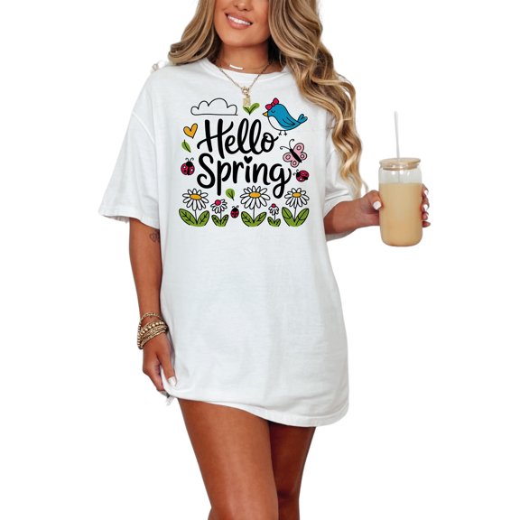 Hello Spring T-Shirt, Cute Spring Graphic Tee, Floral and Bird Design Shirt, Fun Seasonal Clothing, Springtime Casual Top, White Comfort Colors T-Shirt, Small