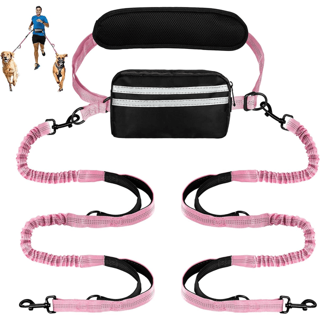 Hands-Free Dog Leash with Pouch - Double Retractable Bungee Leash for Two Dogs, Adjustable Waist Belt with Dual Padded Handles, Reflective Design for Walking, Running, and Training