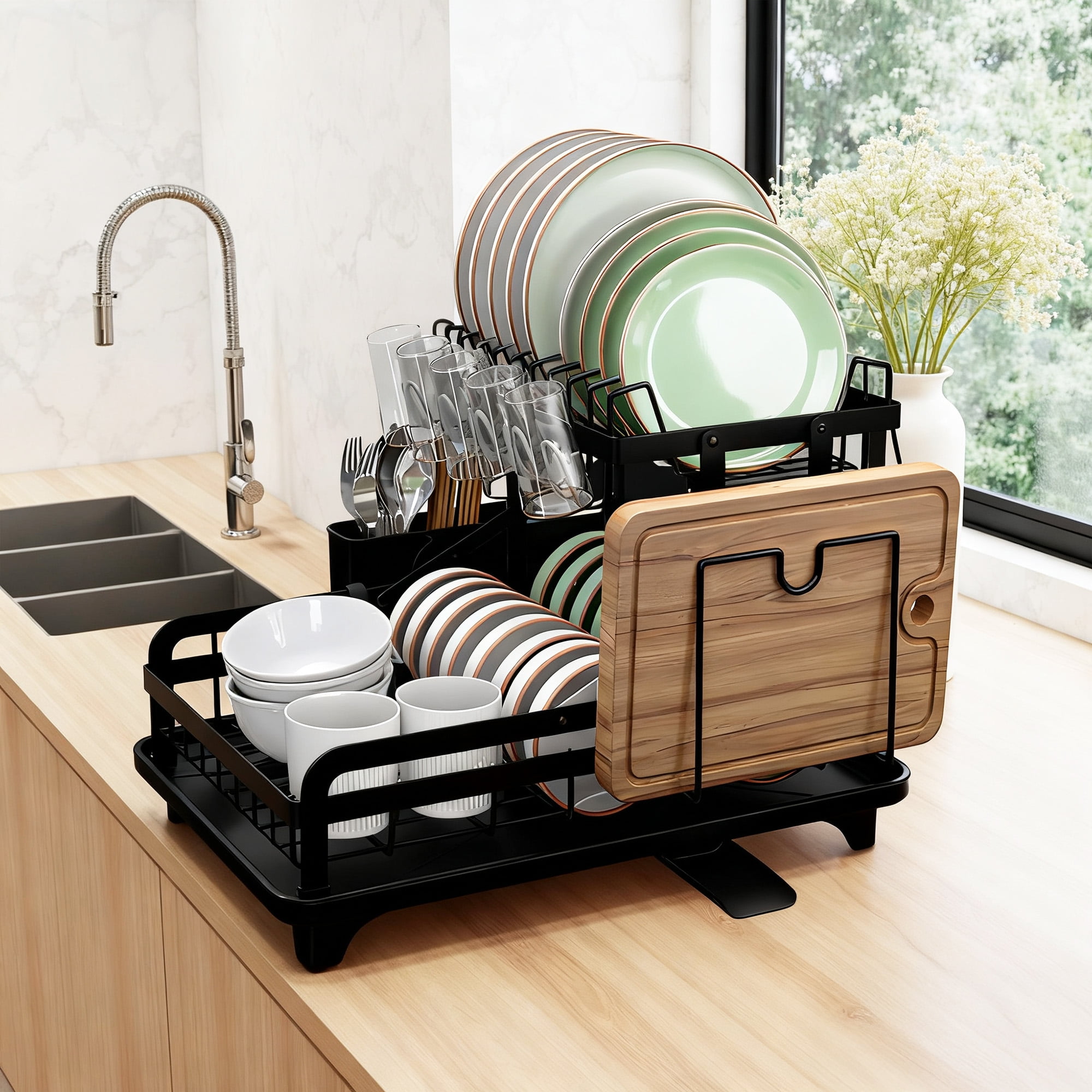 2-Tier Dish Drying Rack,Carbon Steel Dish Rack with Cutlery Holder for Kitchen Counter,Black