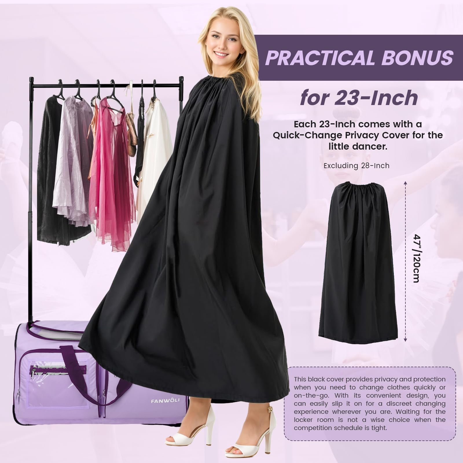 Fegat Dance Bag with Garment Rack, 23" Foldable Rolling Dance Bags Duffel Bag with Privacy Cover, Costume Suitcase for Dancers Shows Athletes
