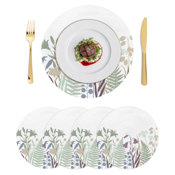 Round Placemats Wildflowers Botanical 15 inch Set of 4 Table Mats for Dining Table Modern Grasses Green White Heat Resistant Non-Slip Kitchen & Home Decorative Place Mat Set
