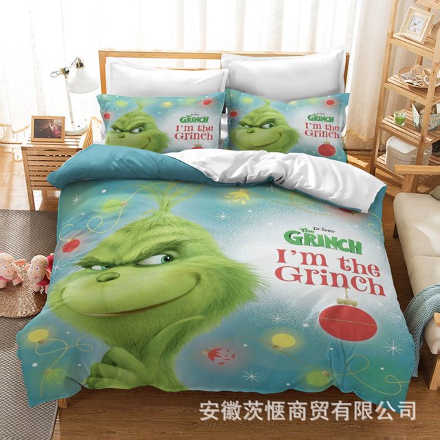 3D Bedding Kit Christmas Green Hair Monster Grinch Quilt Cover Series Digital Printing Cartoon Pillowcase Three-piece Set