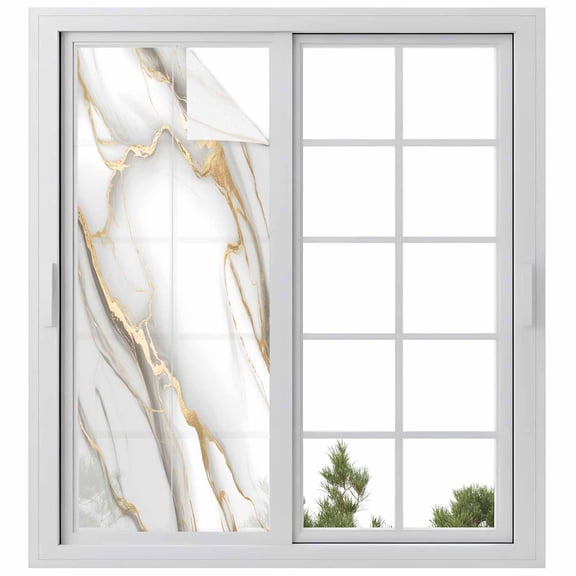White Golden Marble Window Privacy Film, Modern Abstract Art Marble Flow Static Cling UV Sun Blocking Heat Control Window Tint Day and Night, Non-Adhesive One Way Windows Privacy Cover 23.6''x59''