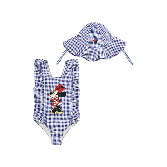 Character Toddler Girl One-Piece Swimsuit with Hat, Sizes 12M- 5T