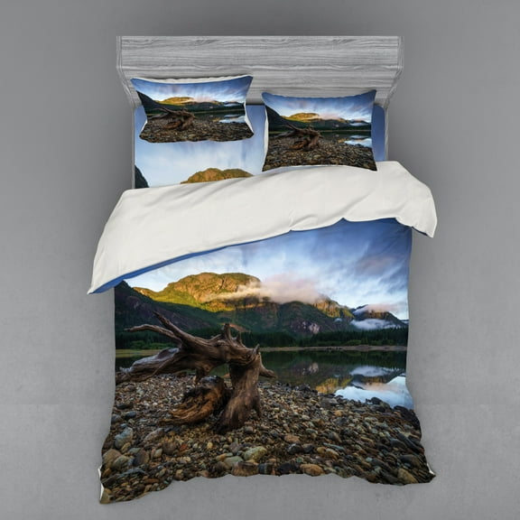Ambesonne Landscape Bedding Set 4 Pcs, Mountain Lake Skies, Queen, Blue and Brown