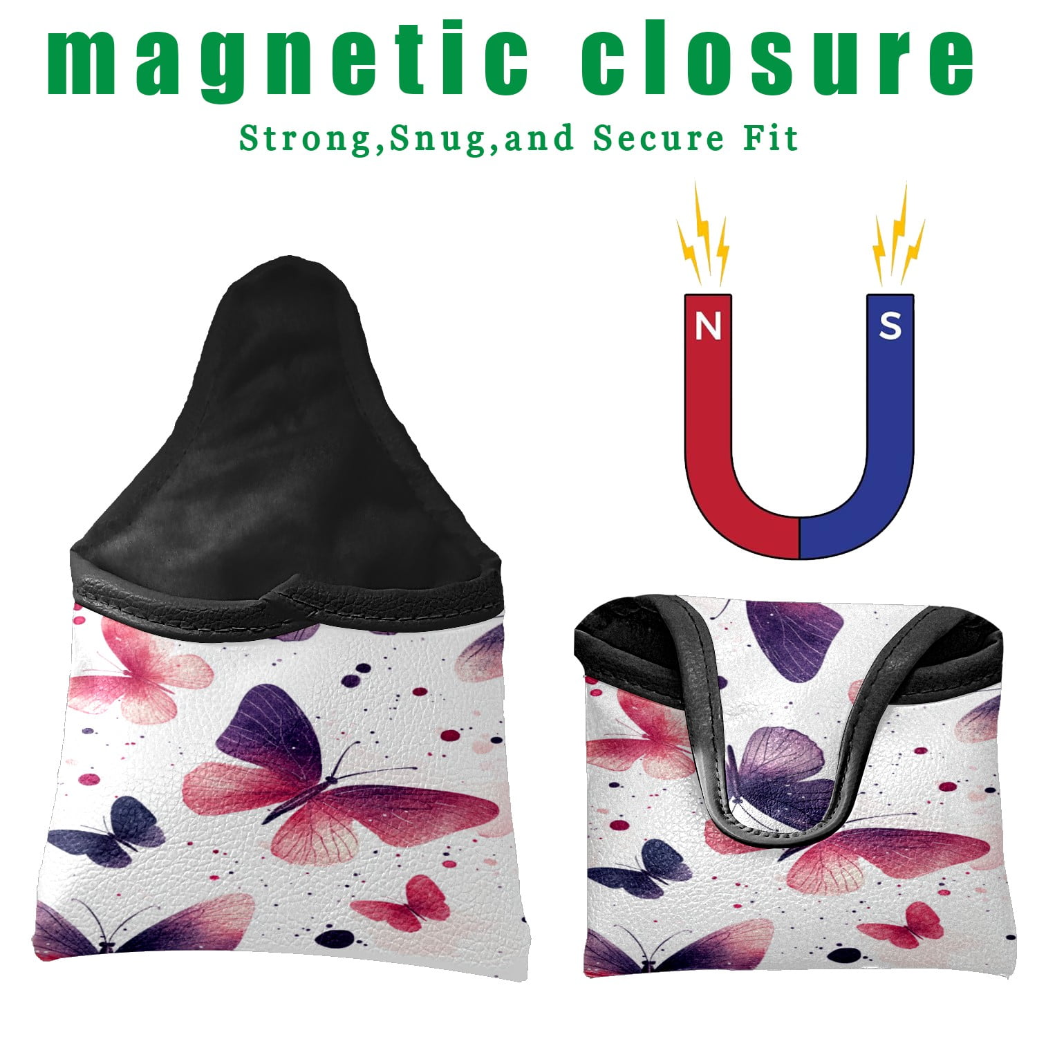 Golf Mallet Putter Cover Premium Leather Waterproof Golf Putter Head Cover with Magnetic Closure Colorful Beautiful Butterfly