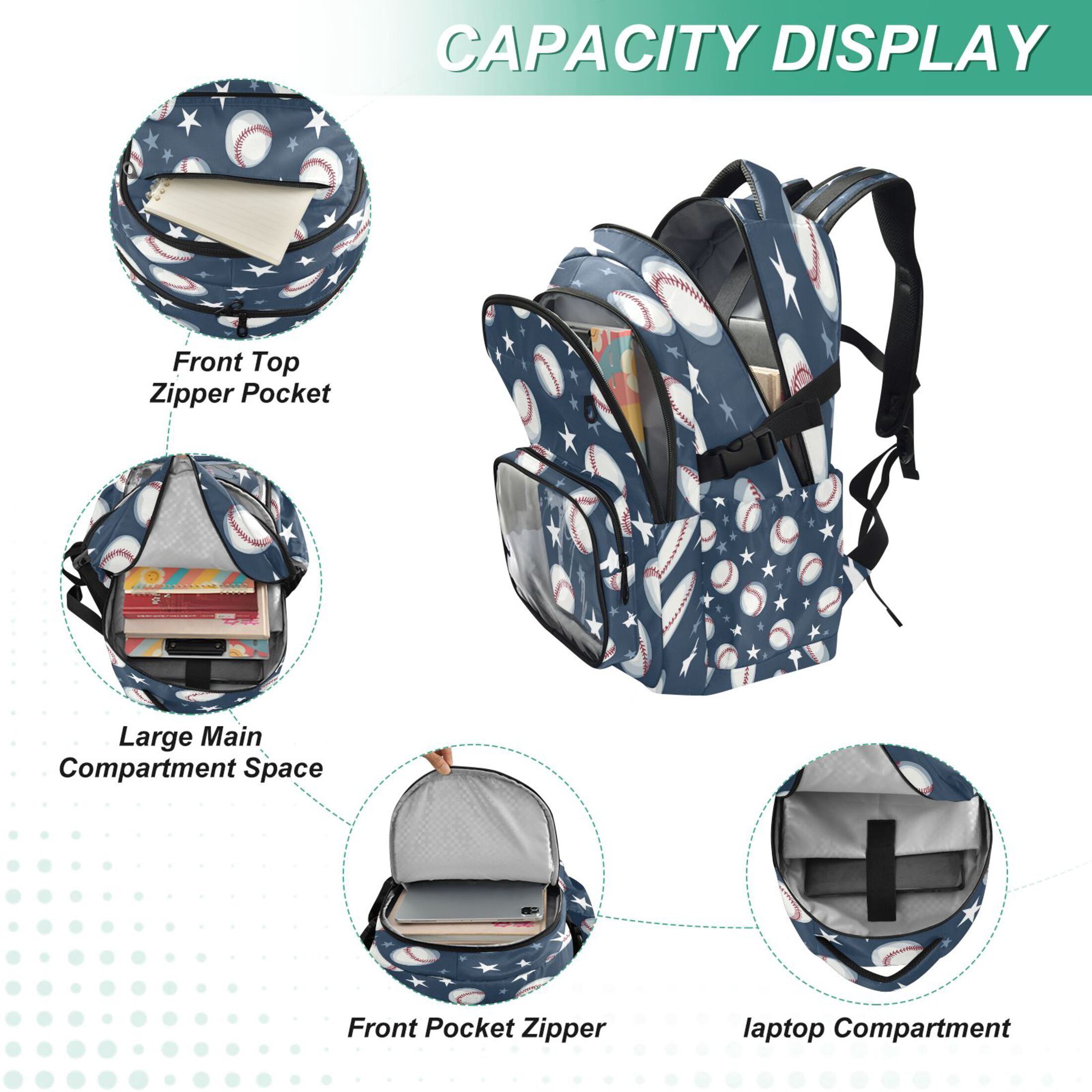 PVC Casual Backpack 25L Daypack with Laptop Compartment Lightweight Travel Backpack for Work Outdoor Activities Baseball Stars Pattern