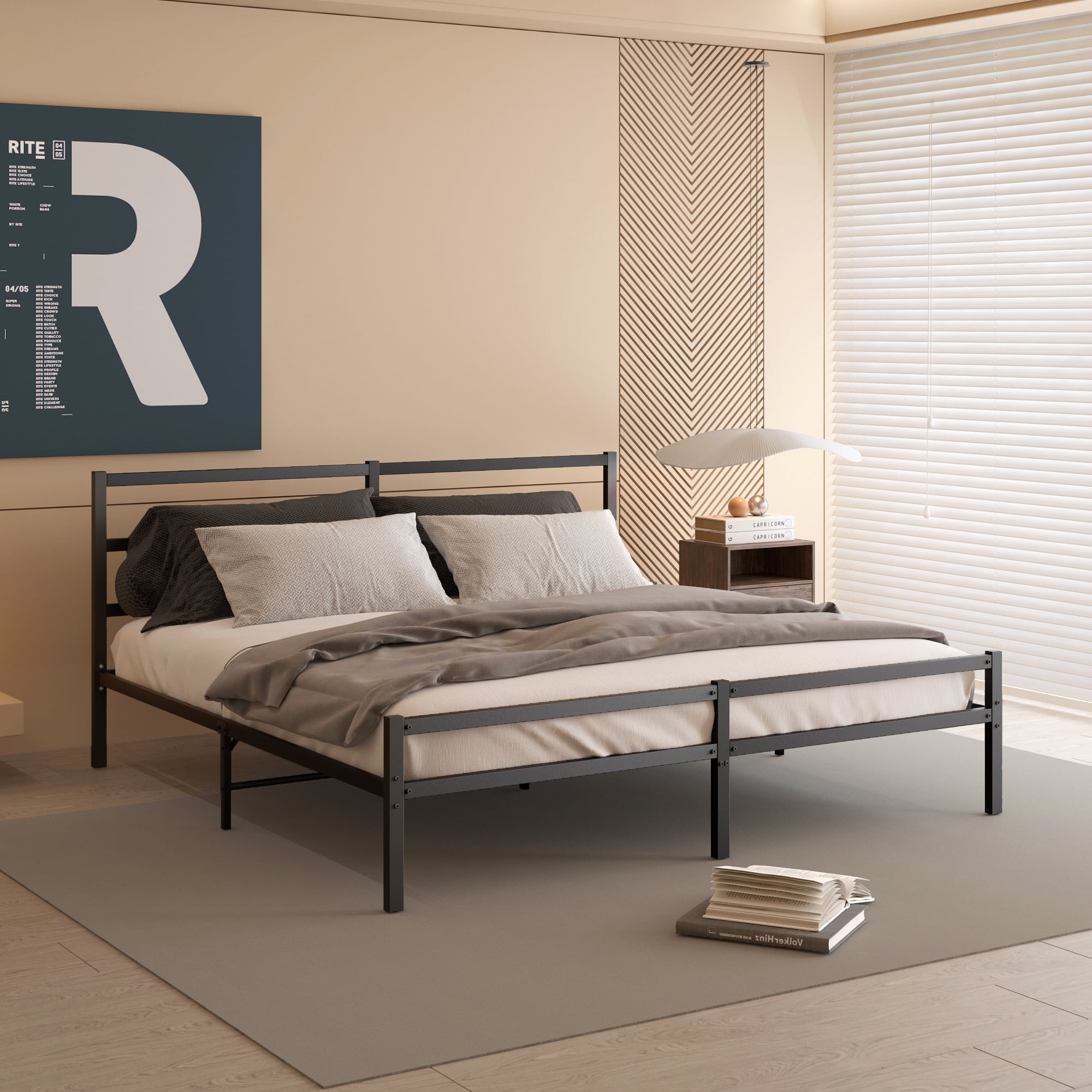DEALTOPS King Metal Platform Bed with Headboard and Footboard, Sturdy Metal Frame, Bedroom, Black