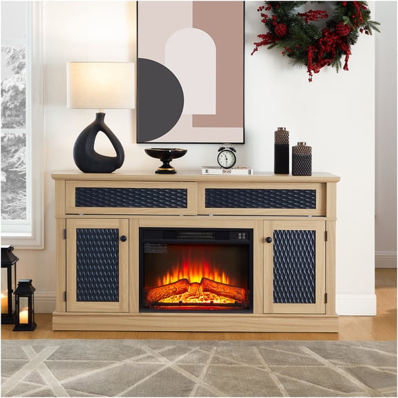JERFIT 58 inch Fireplace TV Stand with Heater, Light Oak Entertainment Center with Remote Control, Storage Cabinets & Media Console for Living Room