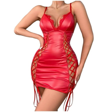 Sngxgn Women Bodysuit Sheer Lace Trim Lingerie Strappy Back Mesh Teddy Deep V Halter Underwear(Red S)