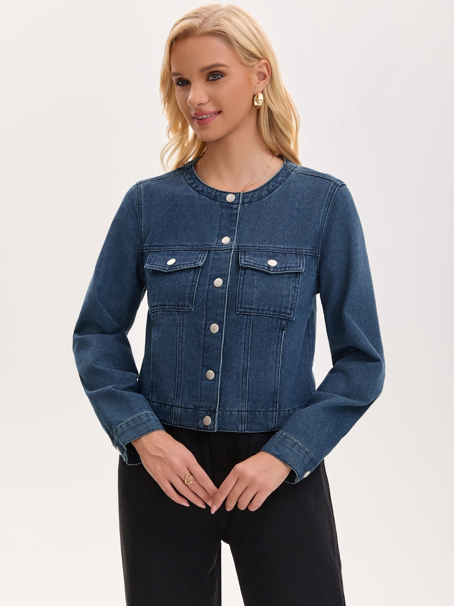 DARING DIVA Women's Collarless Long Sleeve Button Down Casual Denim Jacket S Dark Blue