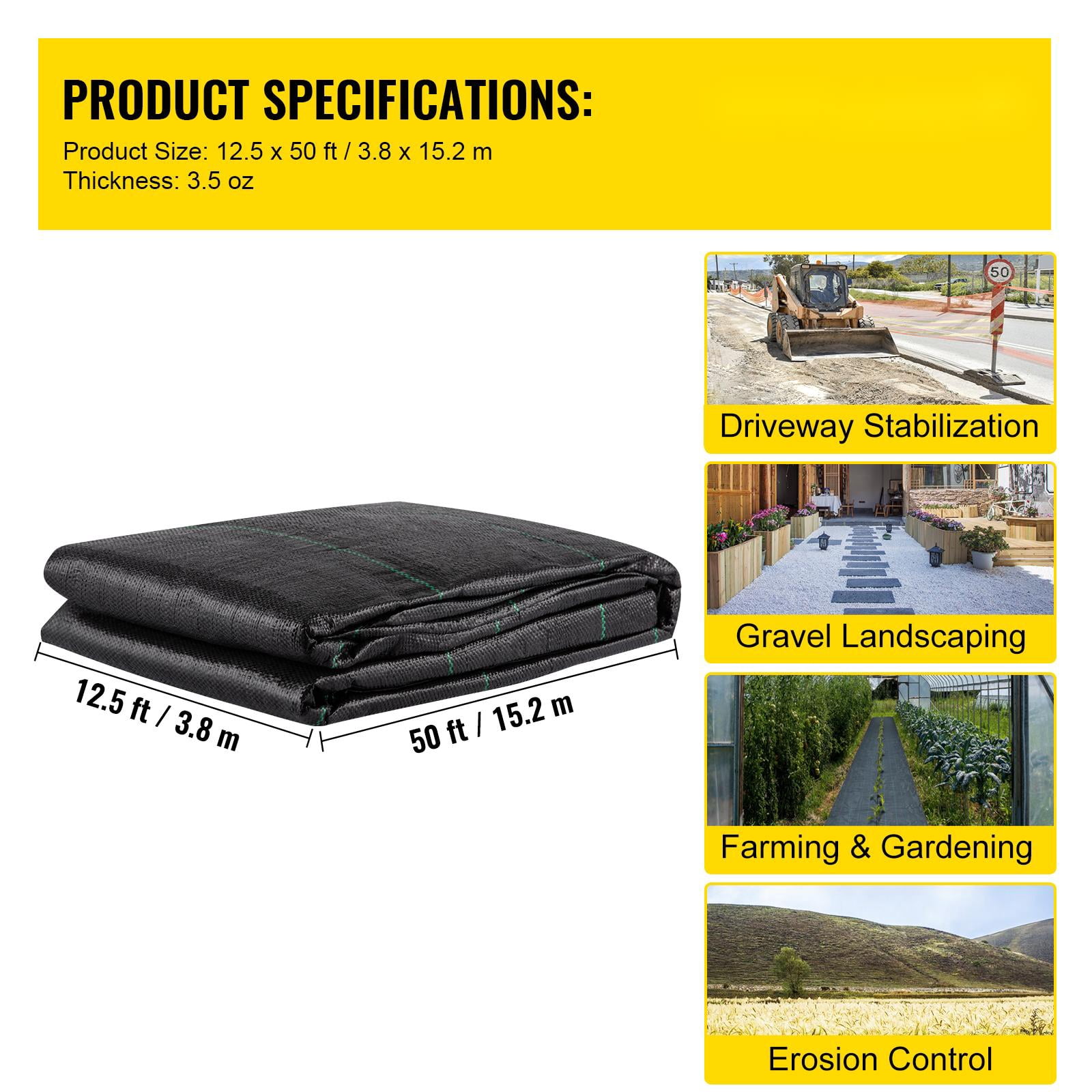 SKYSHALO Geotextile Fabric 12.5 x 50 ft 3.5oz Woven PP Driveway Drain Cloth Heavy Duty Underlayment for Soil Stabilization, w/ 600lbs Tensile Strength,Landscaping, Weed Barrier, Black