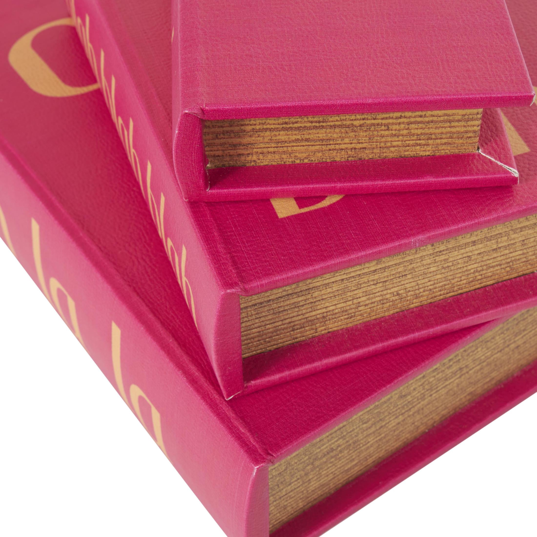 DecMode Text "Ooh La La" Faux Book Storage Red Faux Leather Decorative Box with Gold Lettering, 3 Count