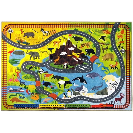 KC CUBS Playtime Collection Animal Safari Road Map Educational Learning Area Rug Carpet for Kids and Children Bedrooms and Playroom (5' 0