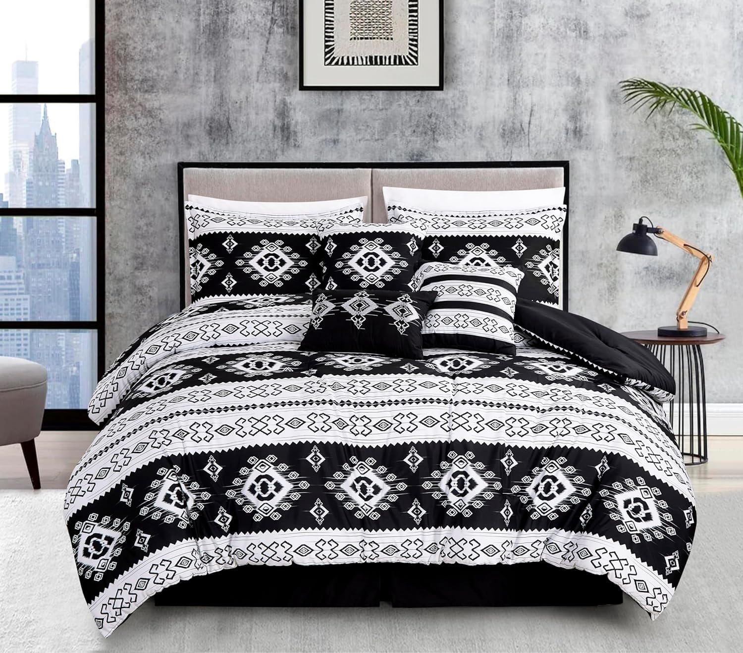 Chezmoi Collection Indie 7-Piece Southwestern Aztec Comforter Set, Black White Geometric Symbols Printed Washed Microfiber Bedding, Full