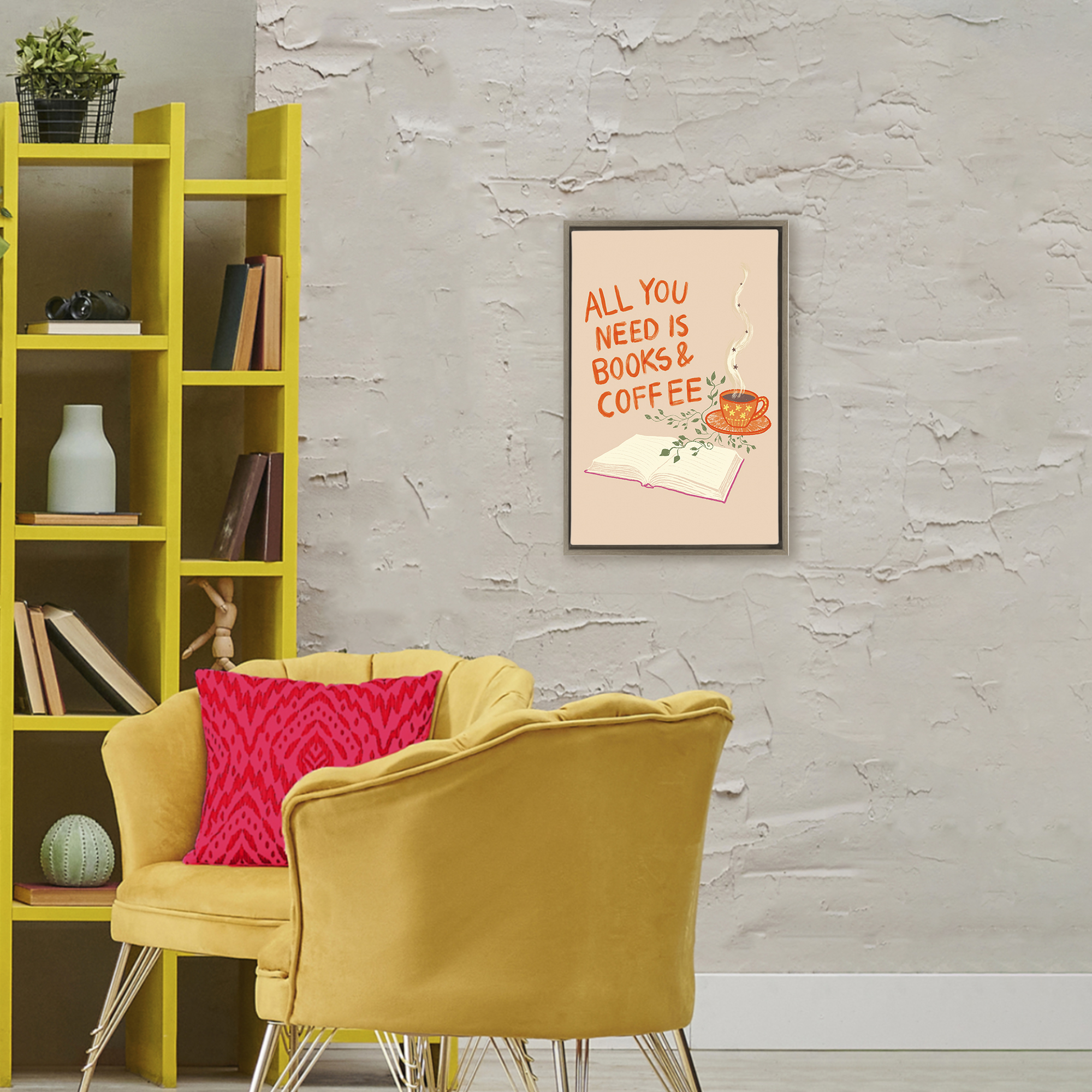 Need Books & Coffee Brown Framed Floater Canvas Wall Art, design by Florentina Dolci