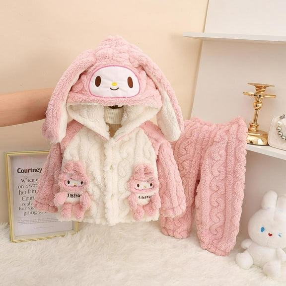 Flannel Pajama Autumn Winter My Melody Cinnamoroll Cartoon Hooded Long Sleeved Sleepwear Set Cute Warm Nightwear Halloween Christmas Party Gift