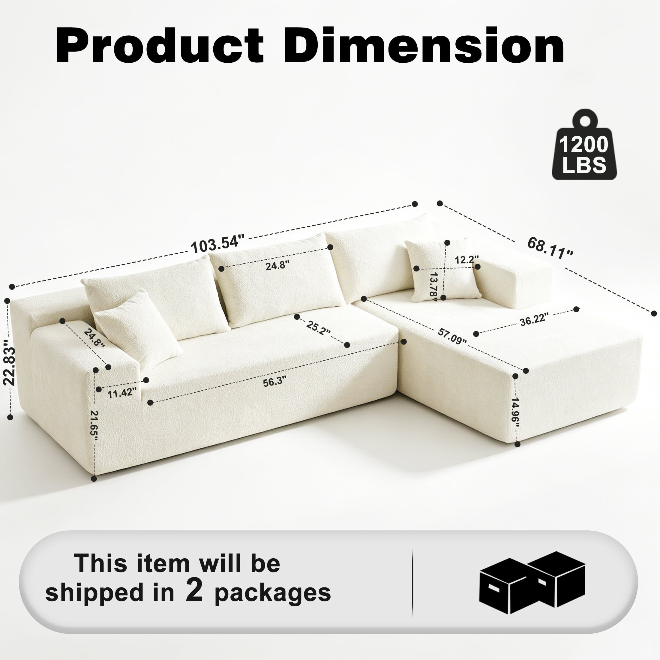Xiweot 103" Boneless Sectional Sofa for Living Room, Memory Foam Cloud Modular Sectional Couch with Deep Seat, No Assembly Velvet L Shaped Sofa with Right Facing Chaise, Beige