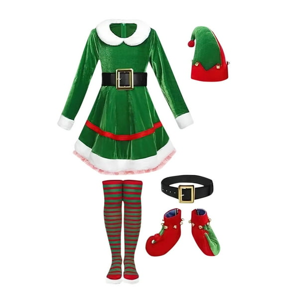 IVEYRTF Children Performance Complete Set with Hat Dress Belt Socks and Shoes for Holiday Party School Festival Play Role Play Outfit for Kids Girls Boys Christmas(Green,7-8 Years)