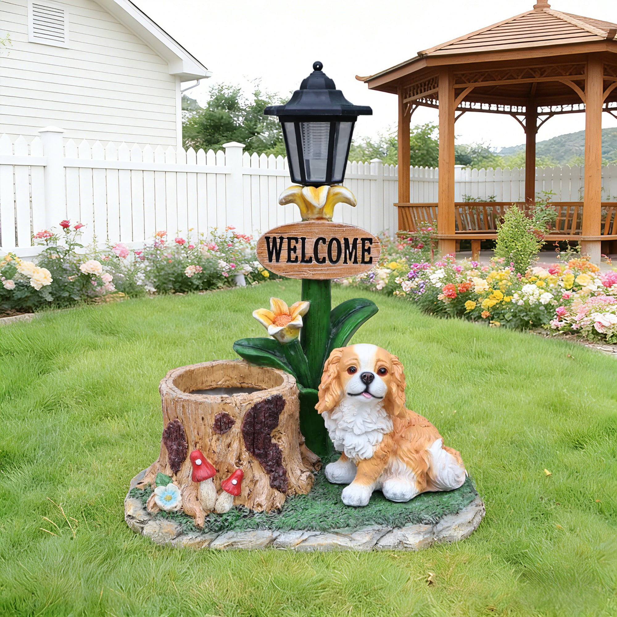 Sitting Dog Solar Lantern Planter Statue with LED Light, Brown Resin Flower Pot Decor, Garden Yard Patio Outdoor