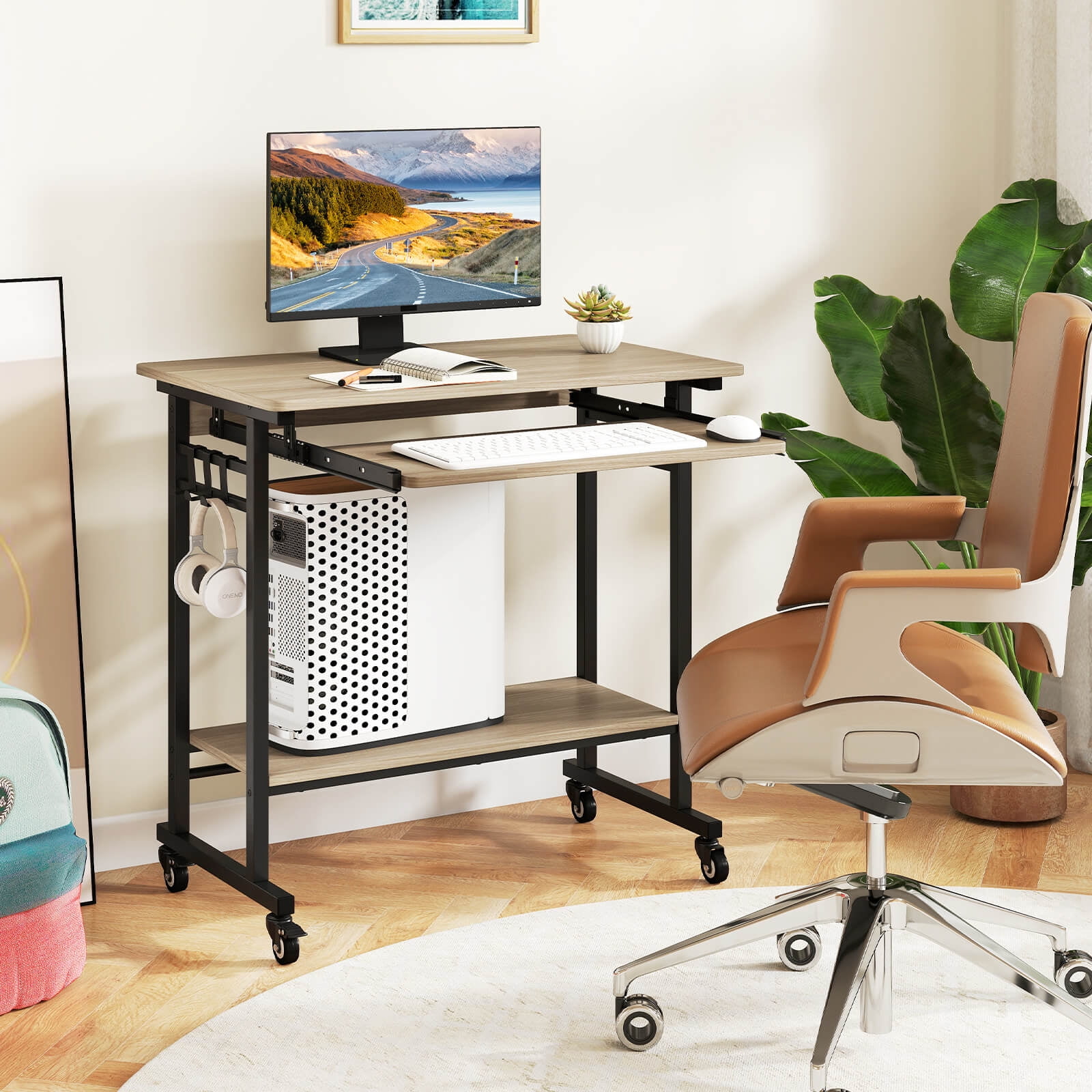 Costway Mobile Laptop Desk with Keyboard Tray, Lower Shelf, 3 Hooks, 4 Universal Wheels Gray