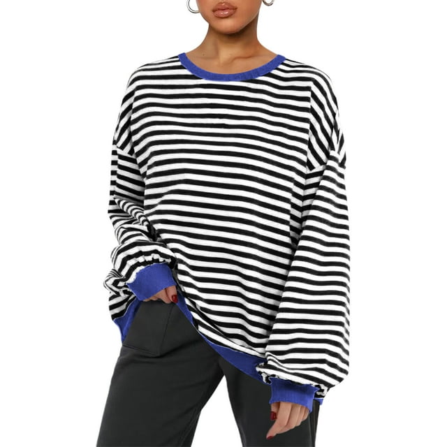 SUNSIOM Women's Striped Sweatshirt Contrast Color Long Sleeve Round Neck Oversized Casual Pullover Tops