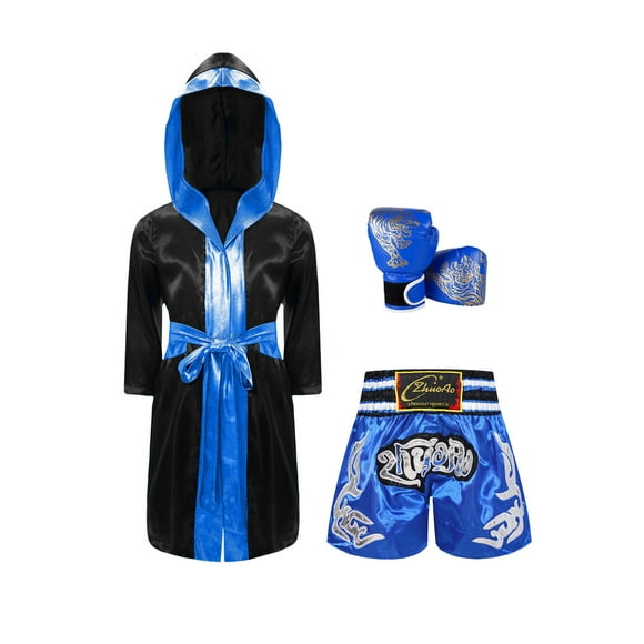 Raenseen Unisex Kids Long Sleeve Hooded Boxing Robe with Waistband Muay Thai Shorts And Boxer Gloves Black&Blue 10