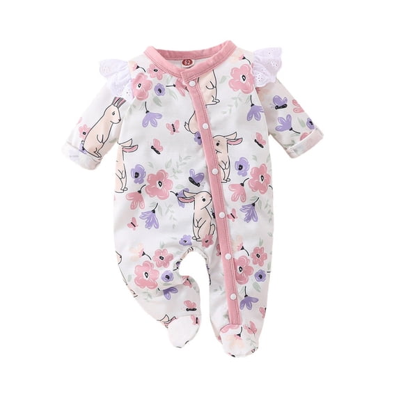 KAUOD Toddler Baby Girl Easter Outfit Bunny Floral Print Romper Jumpsuit 1 Piece Ruffle Long Sleeve Bodysuit Casual Clothes