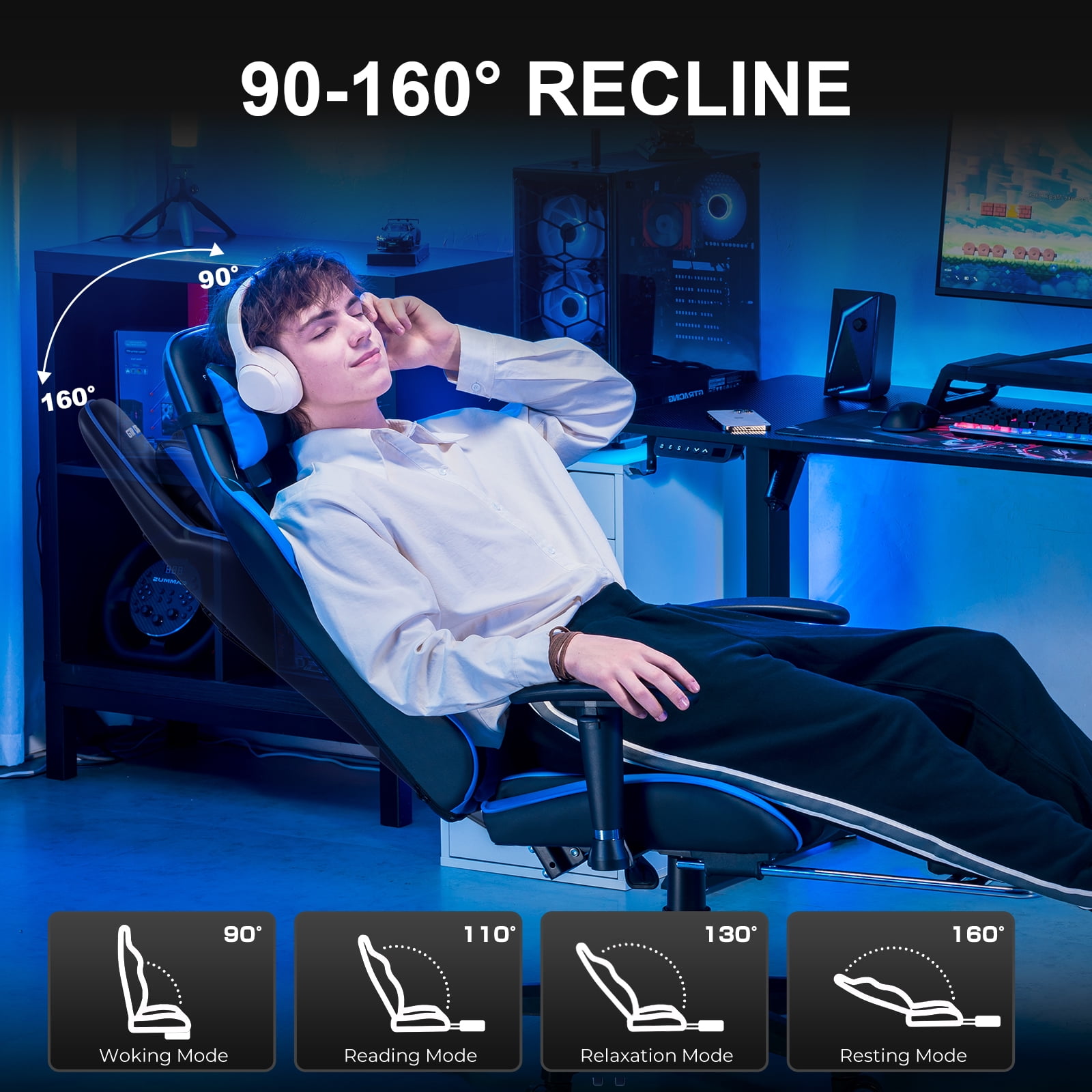 GTPLAYER Gaming Chair Office Chair PU Leather with Footrest&Adjustable Headrest,Blue