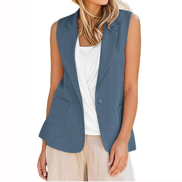 aohooy Sleeveless Blazer Vest for Women Linen Lightweight Notch Lapel A Button Ruched Sleeveless Business Casual Work Suit Jacket Navy,M