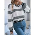 thumbnail image 3 of Womens Oversized Striped Tunic Sweaters Casual V Neck Long Sleeve Color Block Knit Pullover Jumper Tops White S, 3 of 8