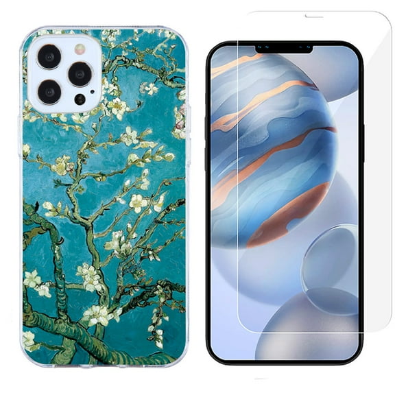 Slim-Fit Protective Phone Case compatible with iPhone 12 Pro Max, with Tempered Glass Screen Protector, by OneToughShield ® - Almond Blossom