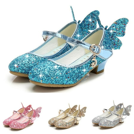Jinhomg Girls Party Shoes Sparkle Butterfly Rhinestones Dress Shoes Glitter Low Heel Mary Janes Princess Shoes 2025 Wedding Shoes Blue 35