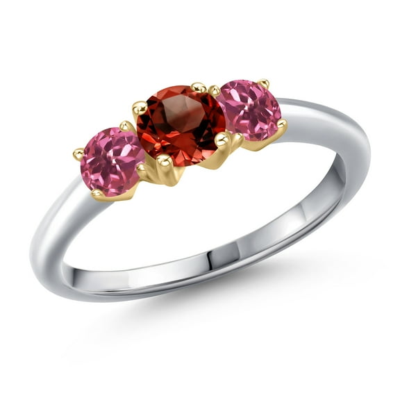 Gem Stone King 10K Two Tone Gold Red Garnet and Pink Tourmaline Engagement Ring for Women | 1.05 Cttw | Round 5MM | Gemstone January Birthstone | Size 9