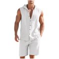 thumbnail image 3 of Men's Summer Casual Linen Cotton Hooded Sleeveless Shirt Shorts 2 Piece Set Loose Fit Solid Color Outfits for Beach Vacation Golf Streetwear Loungewear Modern Fashion Essential, 3 of 9